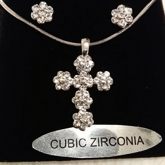Cubic Zirconia Necklace, Cross Chram & Earring Set - Picture 5 of 6